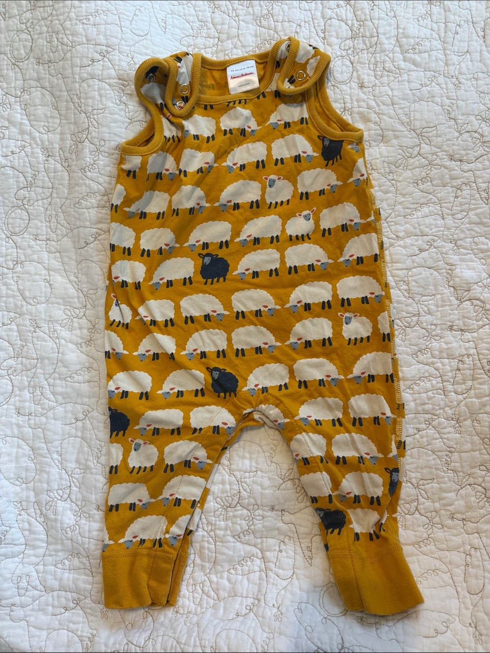 Hanna Andersson Mustard Yellow Baby Romper with Sheep Print